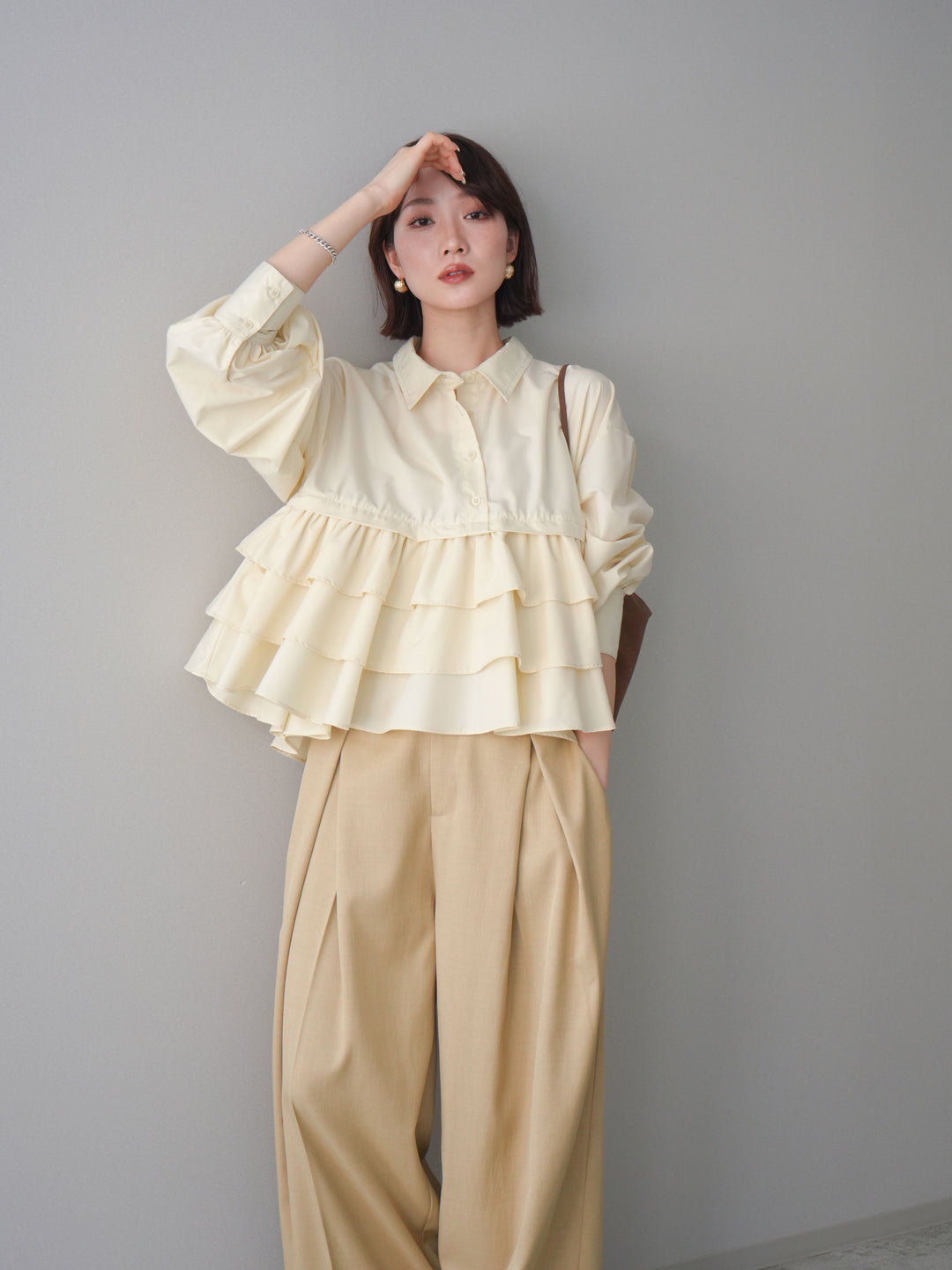 [SET]ブロードティアードショートシャツ+TRツイルデザインタックワイドパンツ(2set)