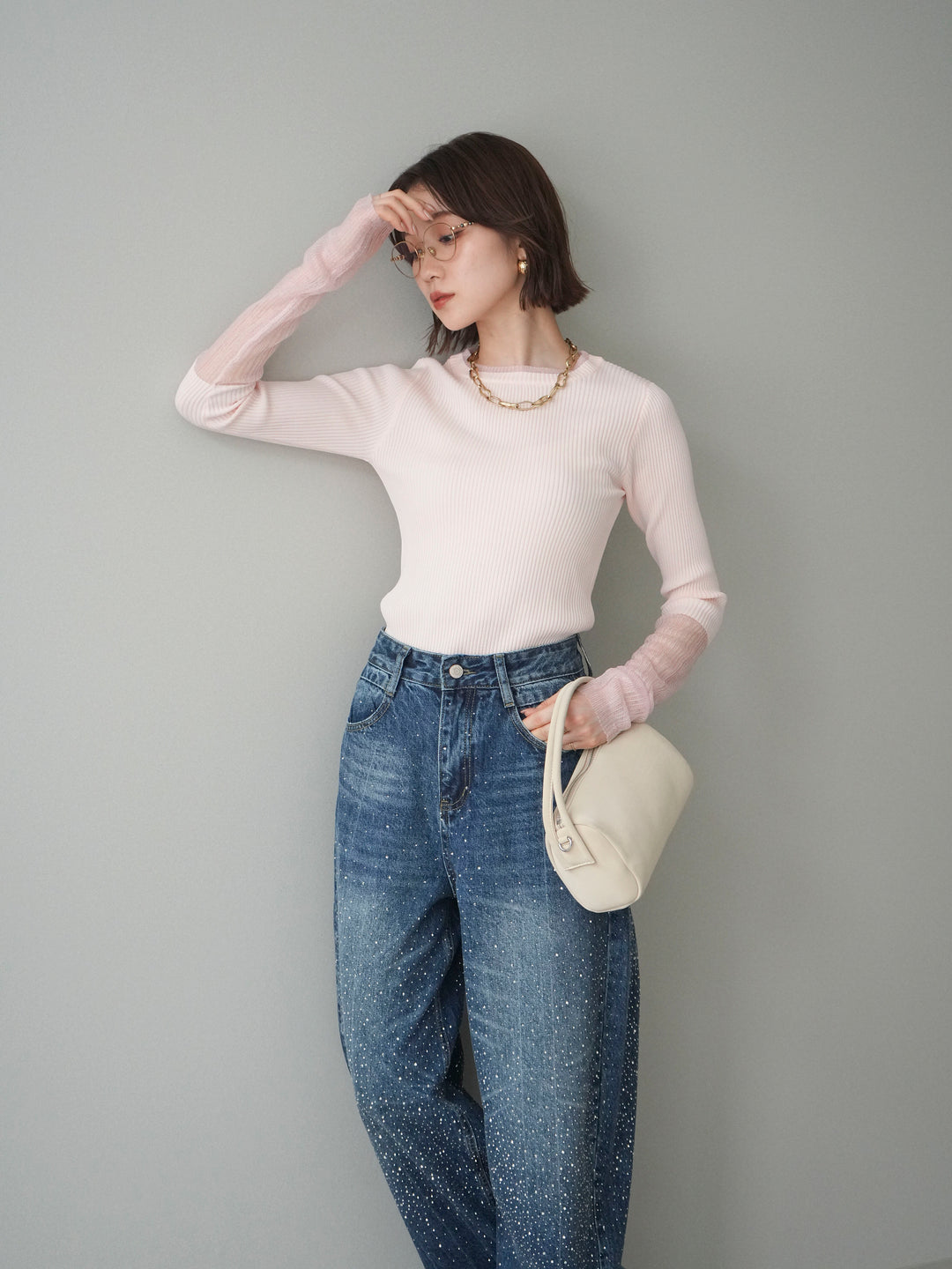 [SET]リブラメシアー切替リブニットトップス+リブラメシアー切替リブニットトップス(2set)