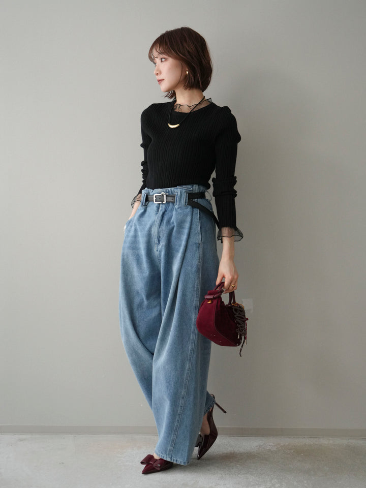 [SET]チュールドッキングリブニットトップス+ハイウエストベルトループデザインデニムパンツ(2set)