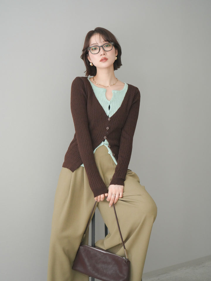 [予約]バイカラーレイヤードニットカーディガン/brown