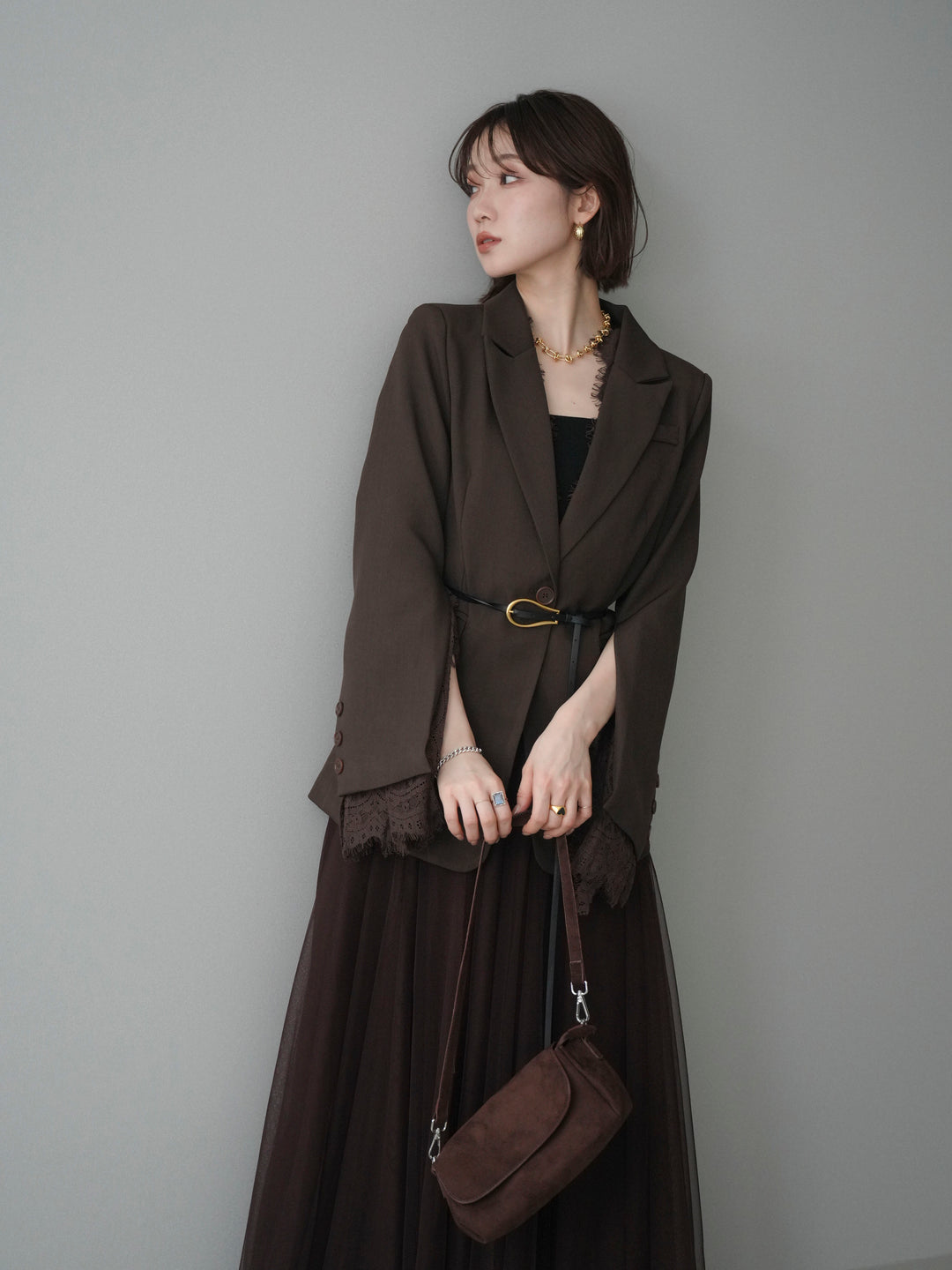 [予約]レースレイヤードスリットジャケット/brown