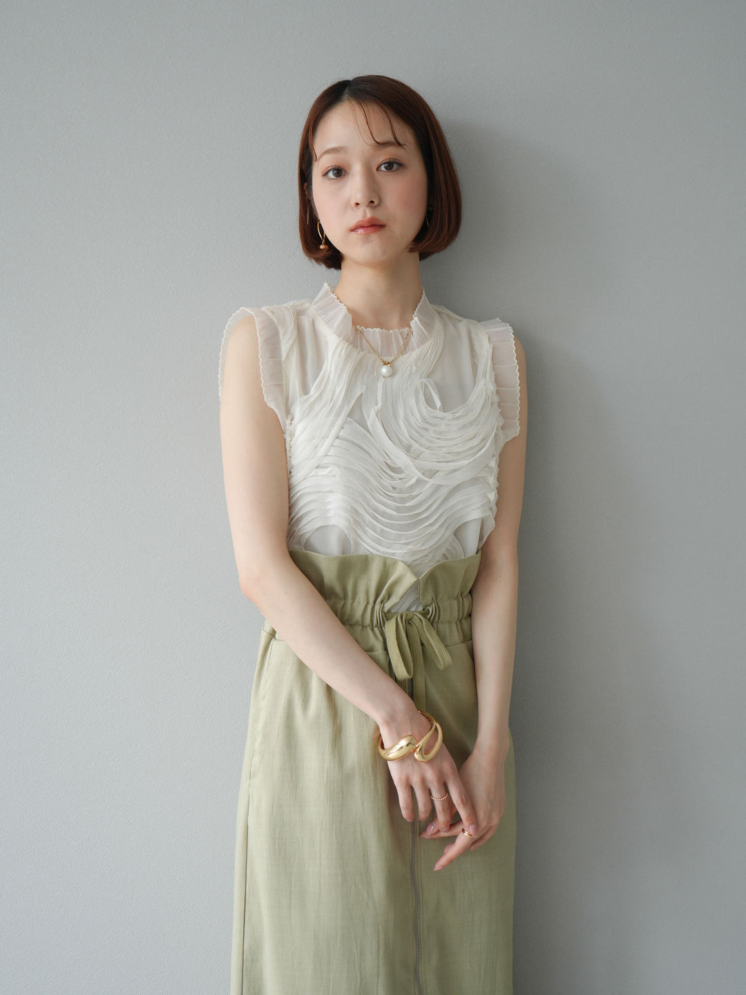 [SET]チュールジャガードノースリブラウス+ヘザーエステルギャザージップスカート(2set)