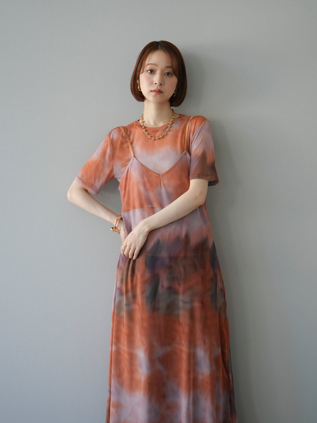 [予約]タイダイ柄シアーハーフトップス/オレンジ