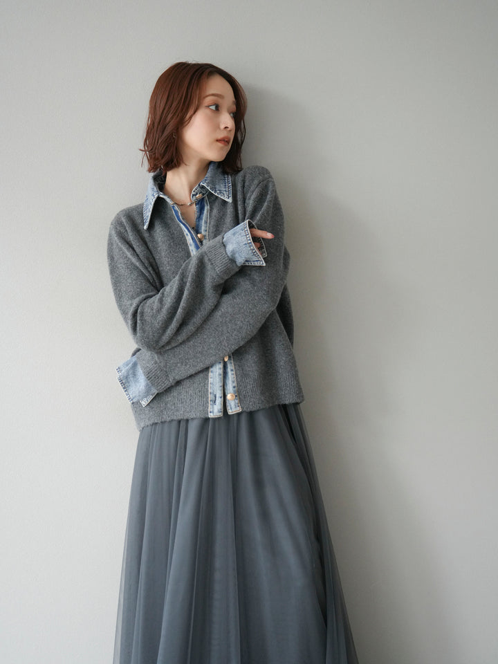 [予約]デニム襟ボタンニットカーディガン/チャコール