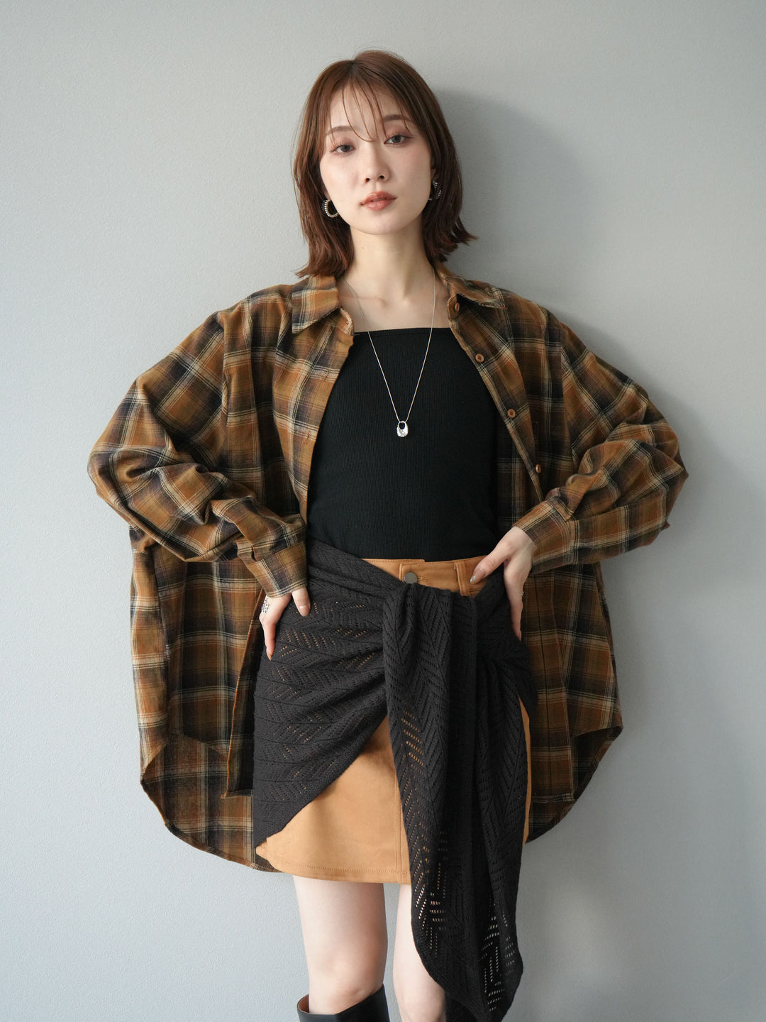 [予約]起毛チェックオーバーシャツ/キャメル