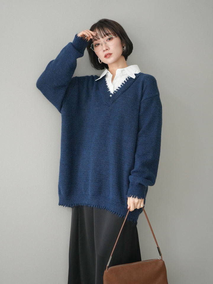 [予約]シャツドッキングVネックフリンジニットプルオーバー/navy