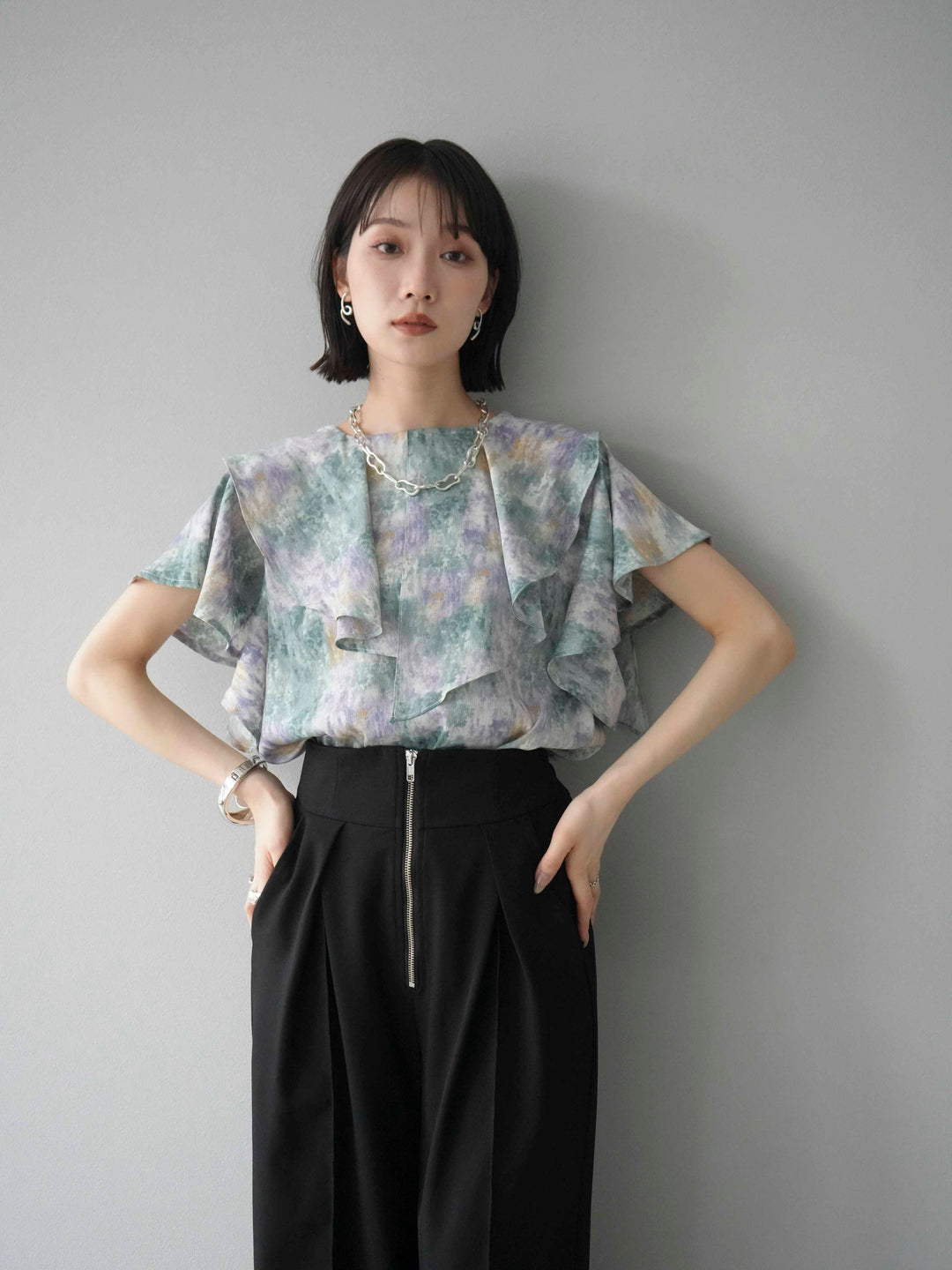 [予約]水彩アートラッフルカラーブラウス/グリーン