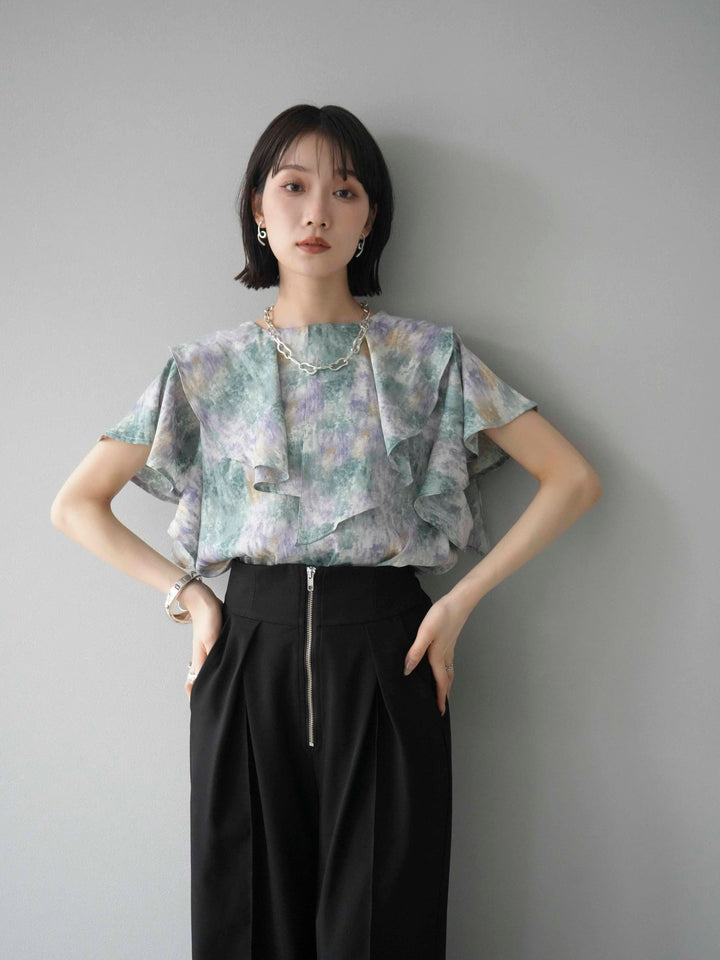 [予約]水彩アートラッフルカラーブラウス/グリーン