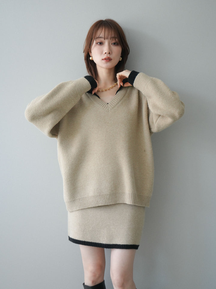 [SET]配色襟ニット＆ミニスカートSET UP(2set)