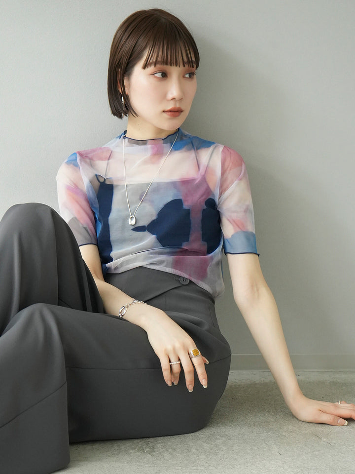【預訂】Nuance圖案嬌小領口5/4袖網狀上衣/粉紅色