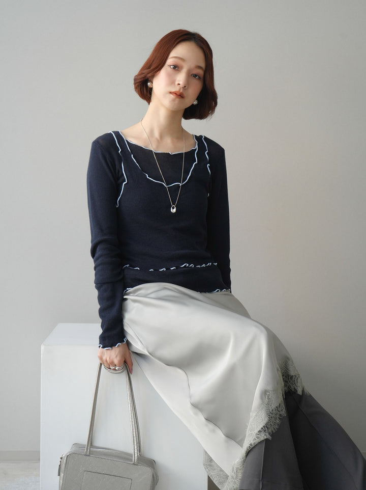 [SET]バイカラーメローアンサンブルシアーニットトップス+センターシームフレアパンツ(2set)