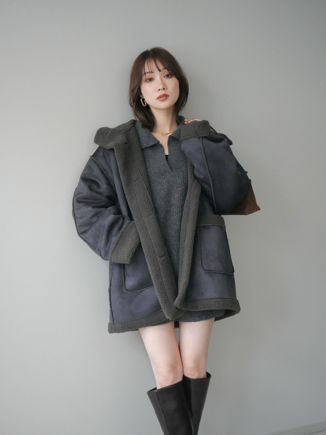 [SET]ポロニットプルオーバー＆ショートパンツSET UP+スタンドネックフェイクムートンミディアムコート(2set)