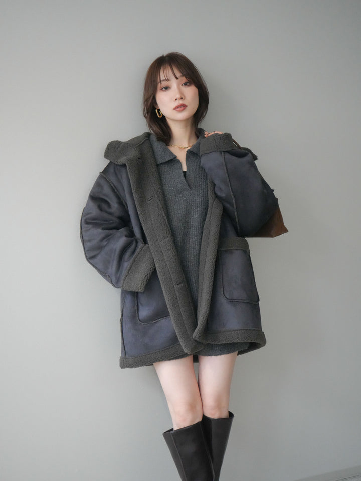 [SET]ポロニットプルオーバー＆ショートパンツSET UP+スタンドネックフェイクムートンミディアムコート(2set)