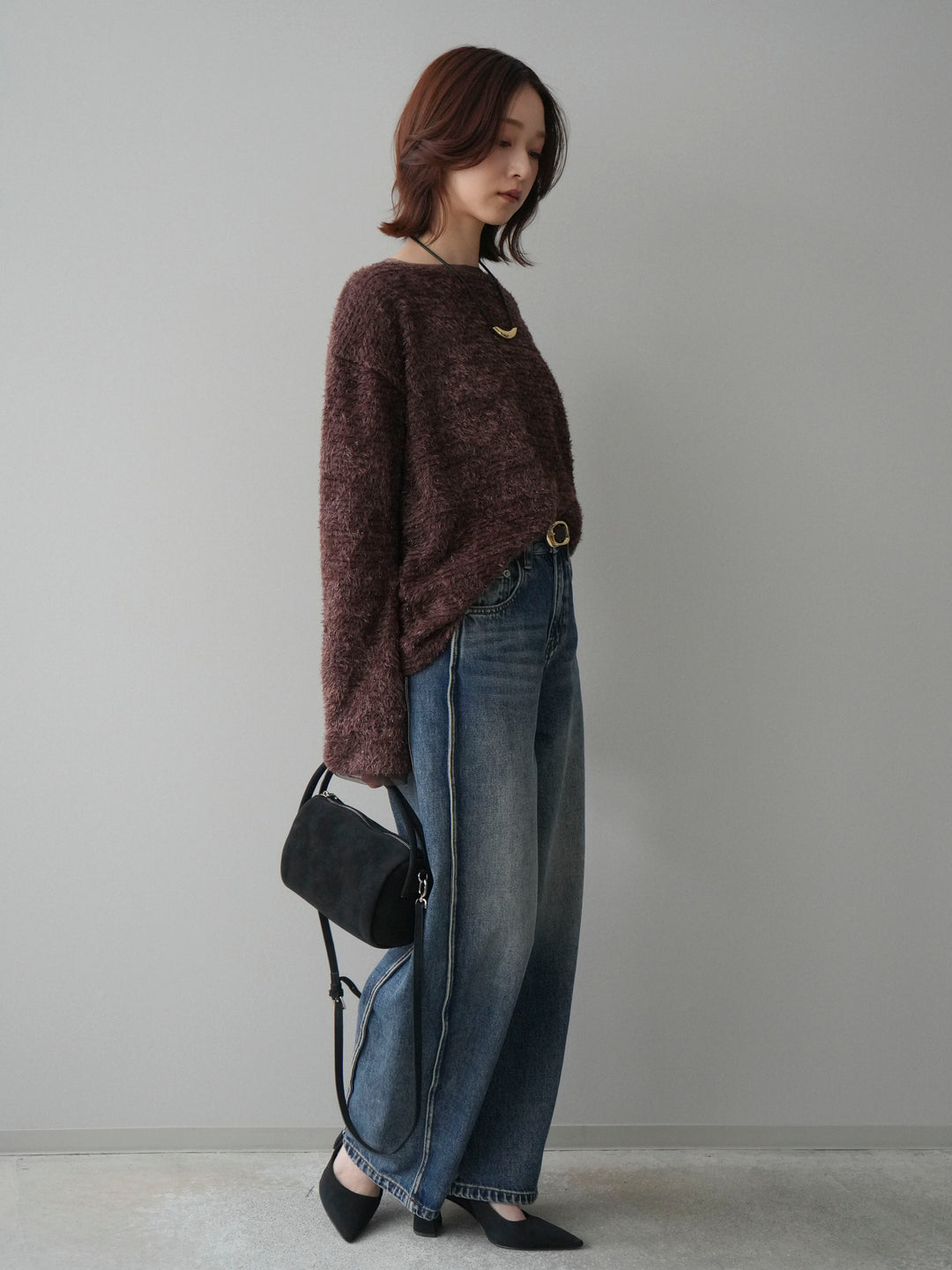 [SET]ラメシャギートップス+サイド切替カーブデニムパンツ(2set)