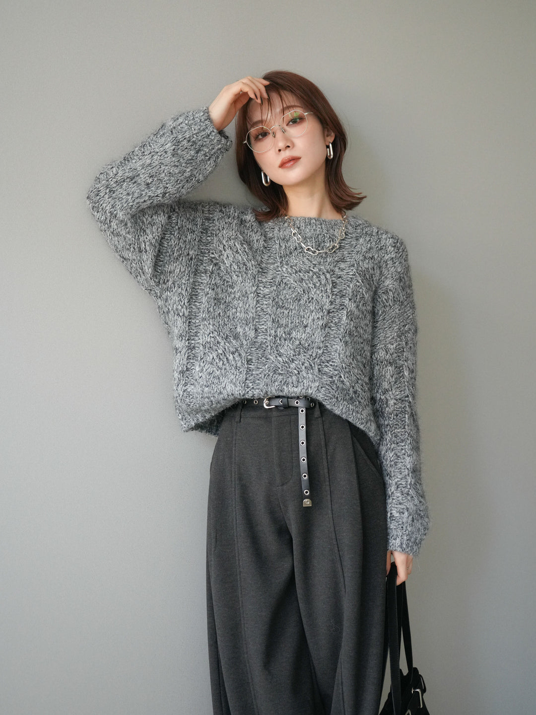 [予約]ワイドケーブルミックスニットプルオーバー/gray