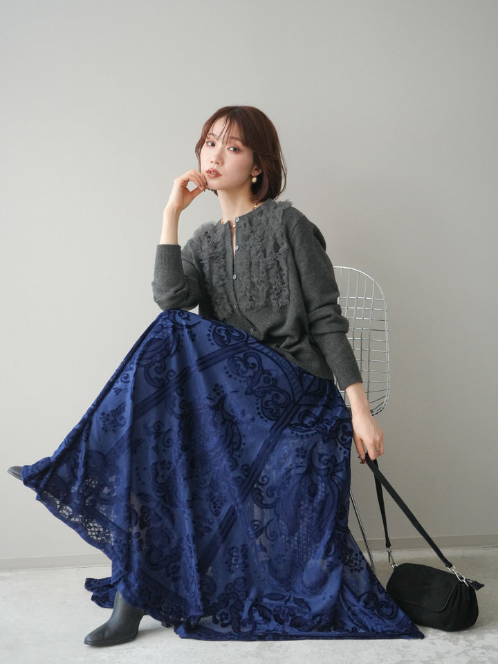 [SET]チュールフリルニットカーディガン+アンティーク柄フロッキーマキシスカート(2set)