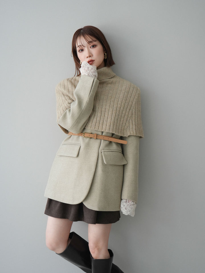[SET]ケープ付ノーカラージャケット+ベルト付きタックミニスカート(2set)