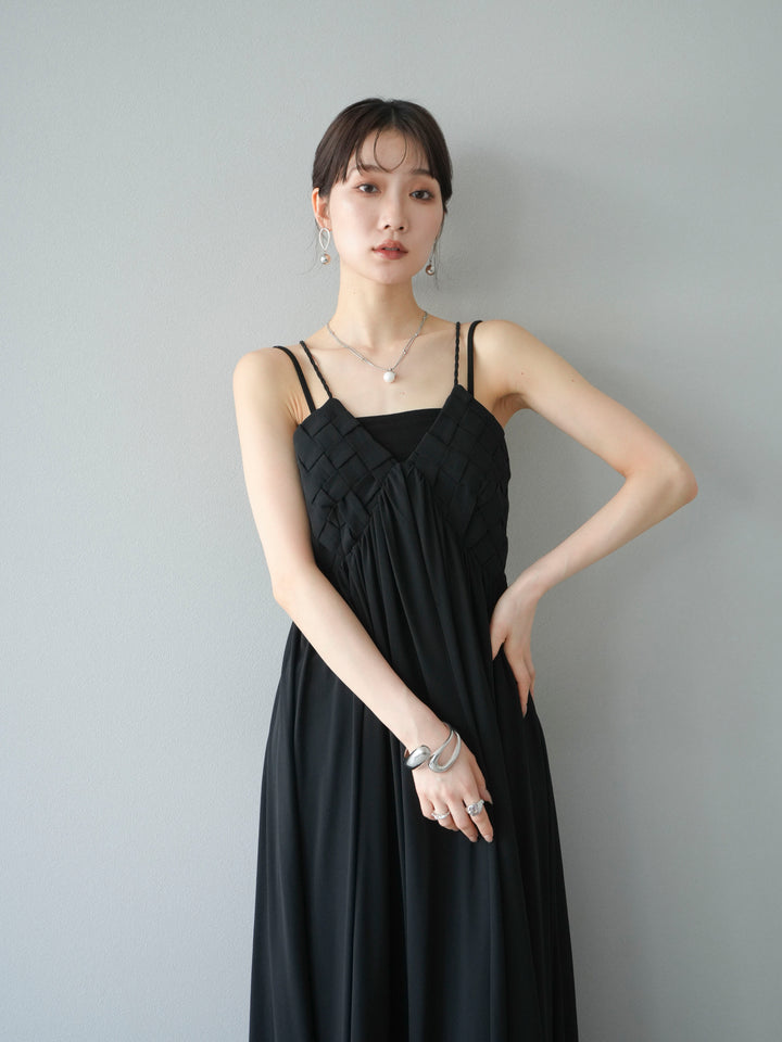 [SET]編み込みデザインシフォンワンピース+カップ付テレコリブベアキャミソール(2set)