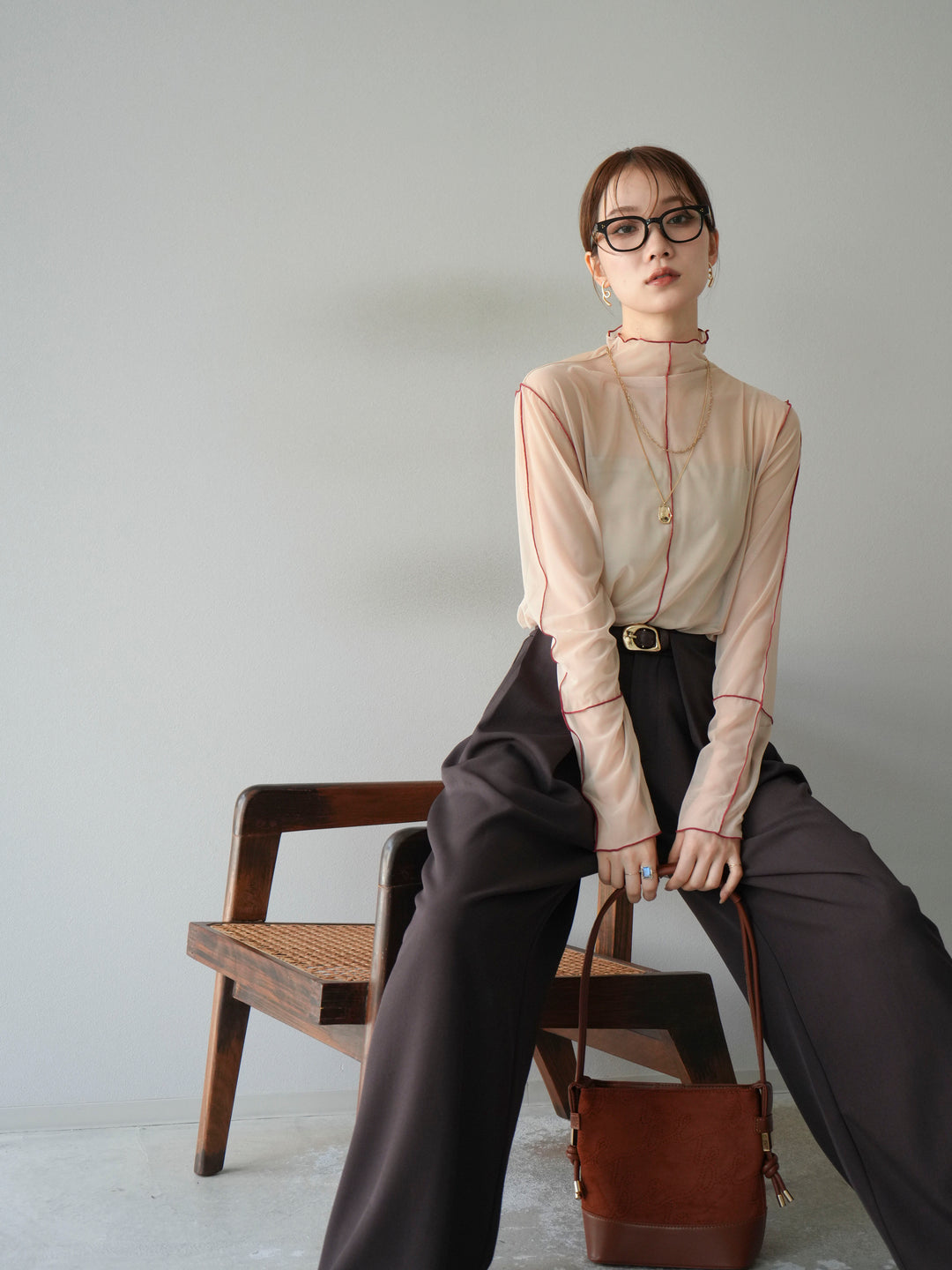 [予約]シアーパイピングカットソー/グレージュ×レッド