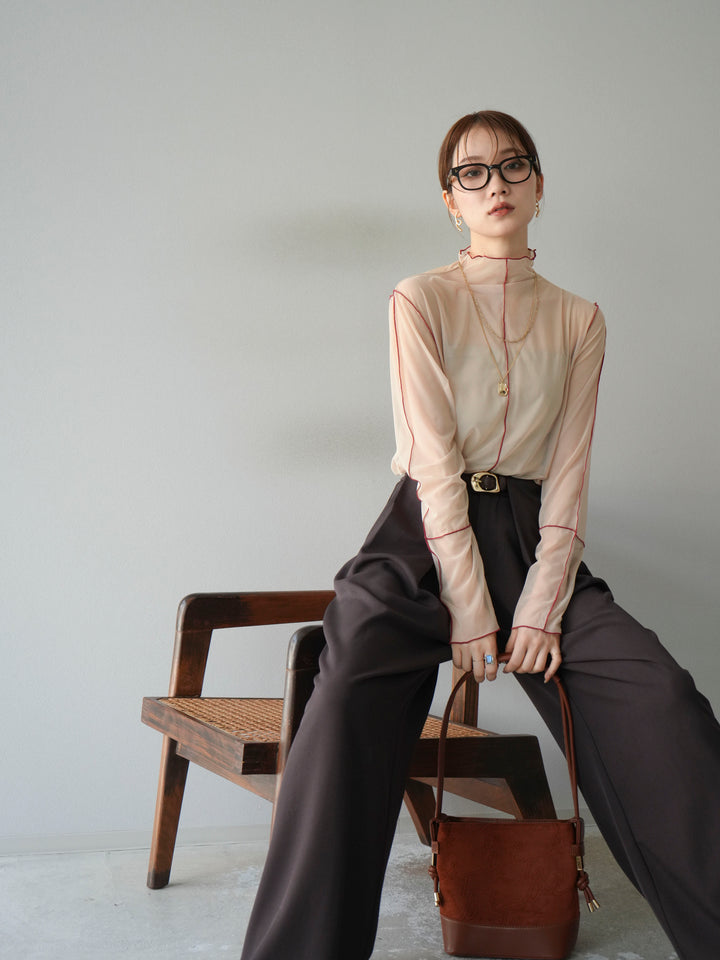 [予約]シアーパイピングカットソー/グレージュ×レッド