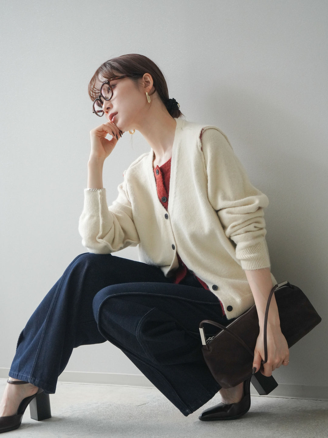 [予約]配色レイヤードニットカーディガン/ apricot