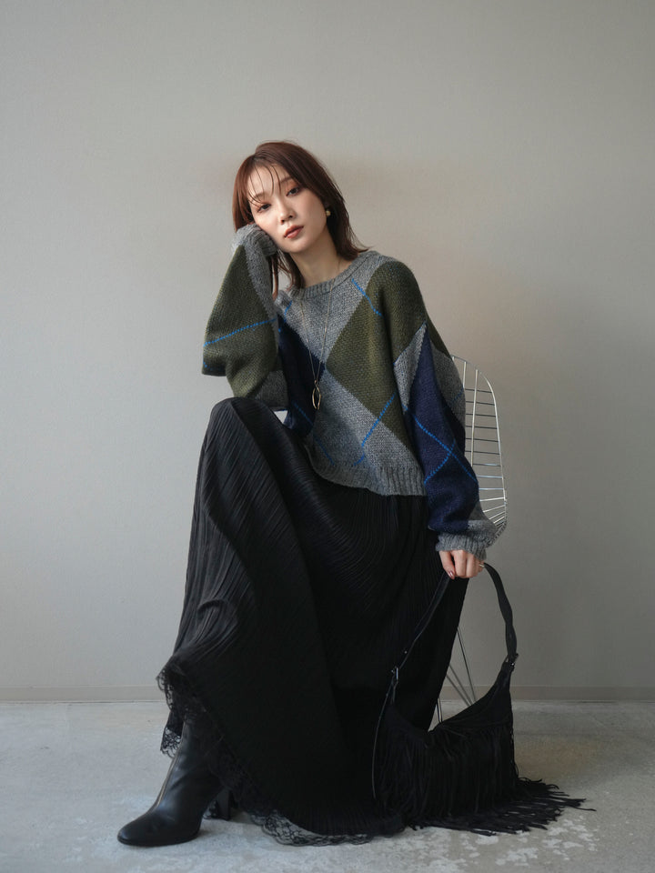 [SET]配色ステッチアーガイル柄ニットプルオーバー+選べるアクセセット(2set)