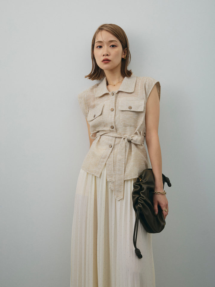 [SET]ミックスヤーンメッシュブラウス+ラインストーンプリーツスカート(2set)