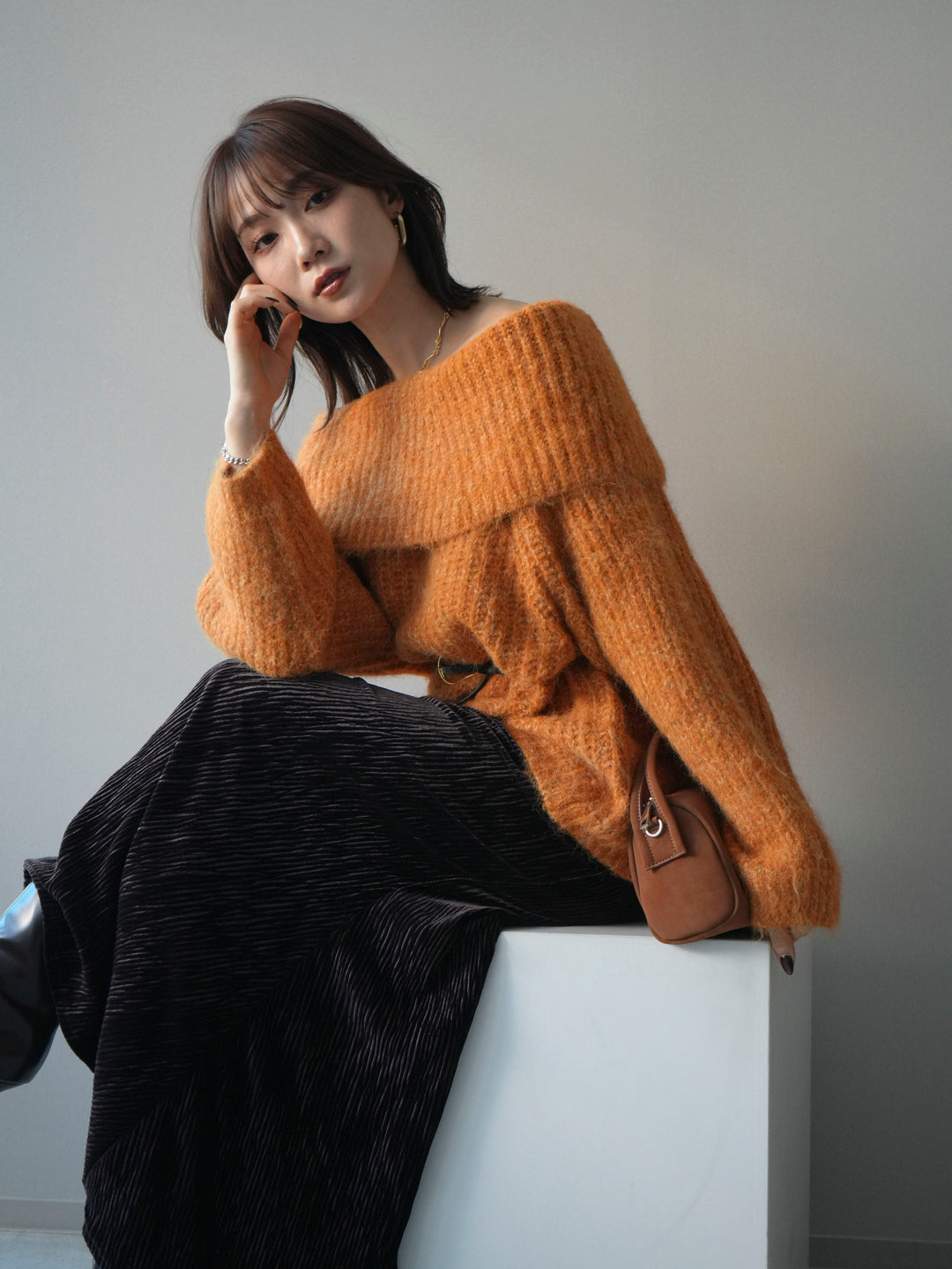 [予約]オフショルミックスニットプルオーバー/orange