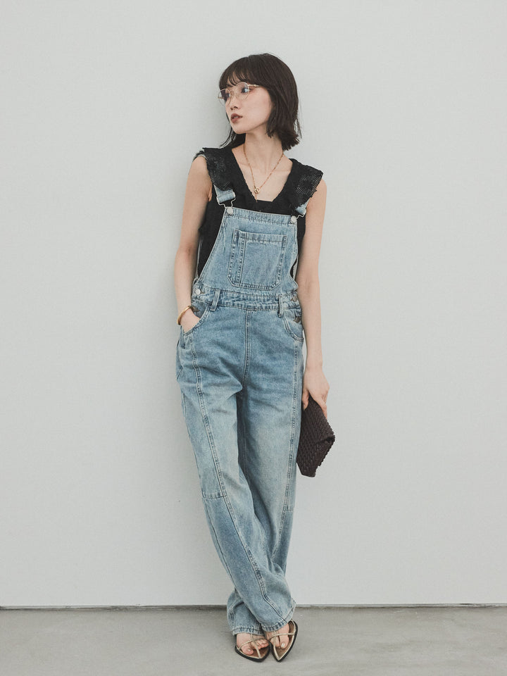 [SET]センターシームデニムサロペット +テープヤーンラッフルノースリトップス(2set)