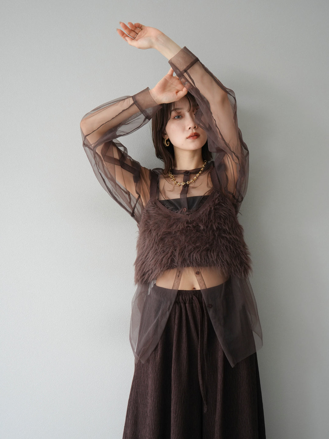 [予約]2WAYスリーブチュールシャツ/ブラウン