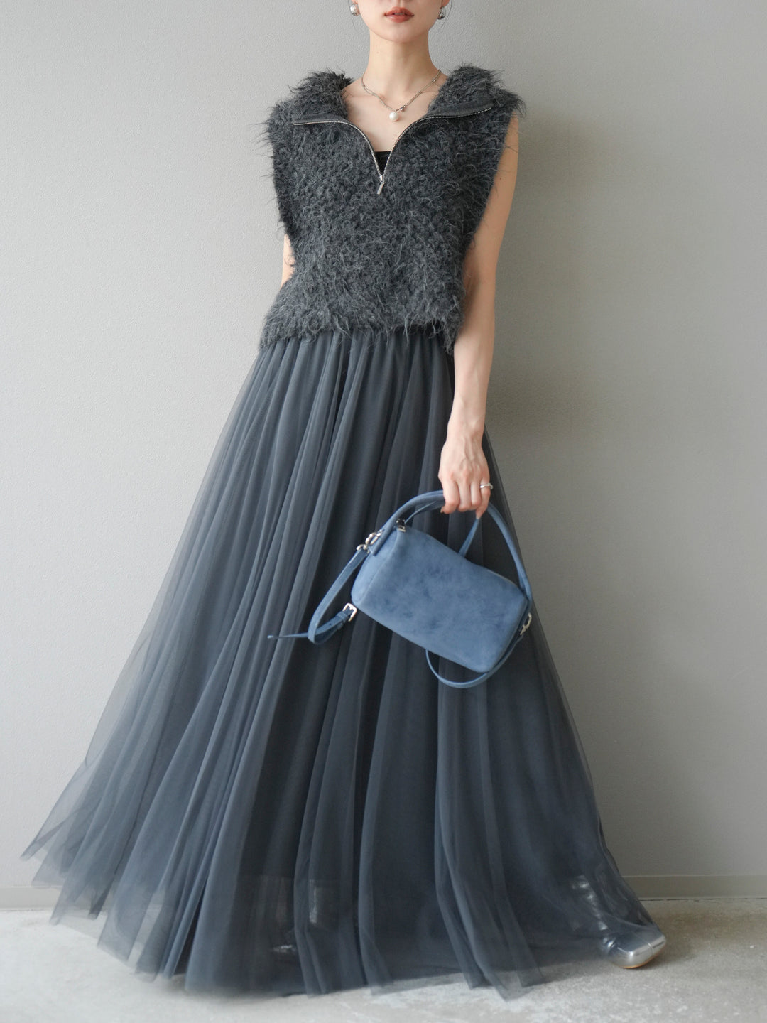 [予約]メランジブークレハーフジップニットベスト/チャコール