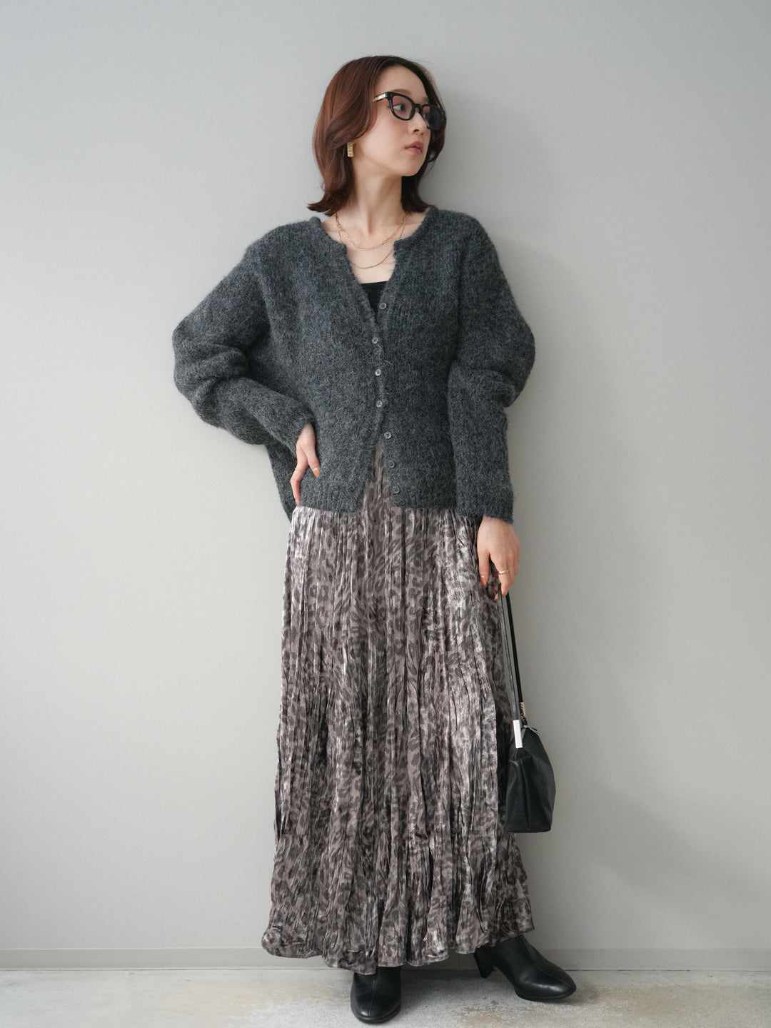[予約]レオパードベロアワッシャーロングスカート/gray