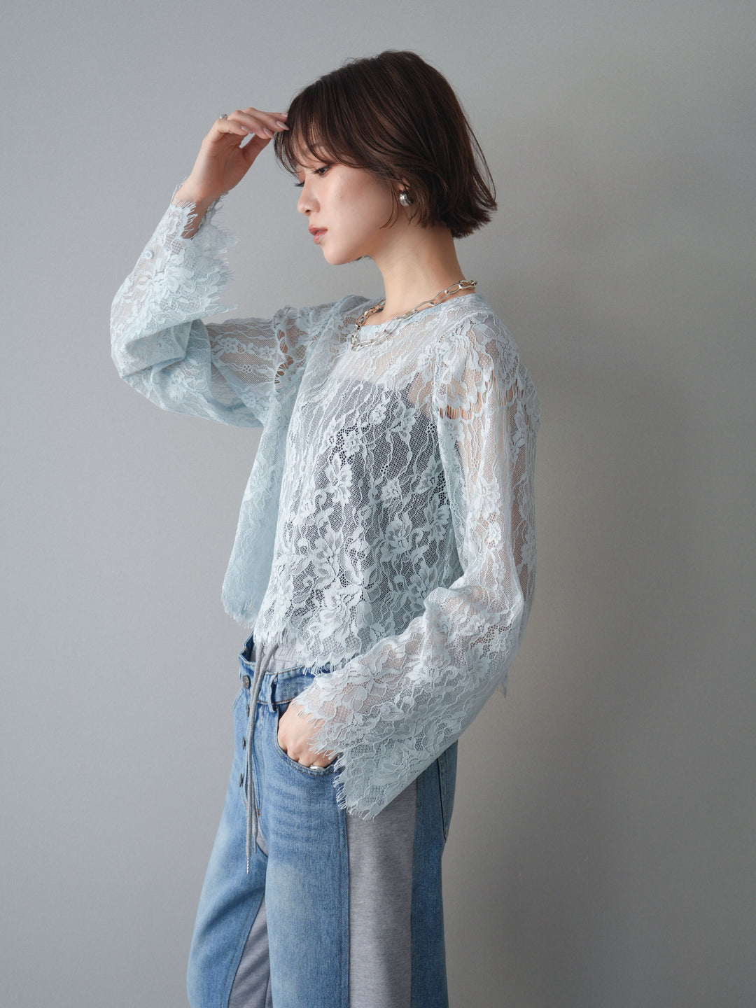 [SET]2WAYスリーブレーストップス+デニム切替スウェットパンツ(2set)