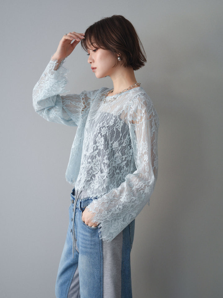 [SET]2WAYスリーブレーストップス+デニム切替スウェットパンツ(2set)