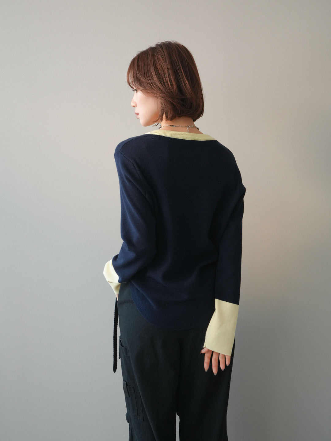 [予約]ヘンリーネック配色ニットソー/navy