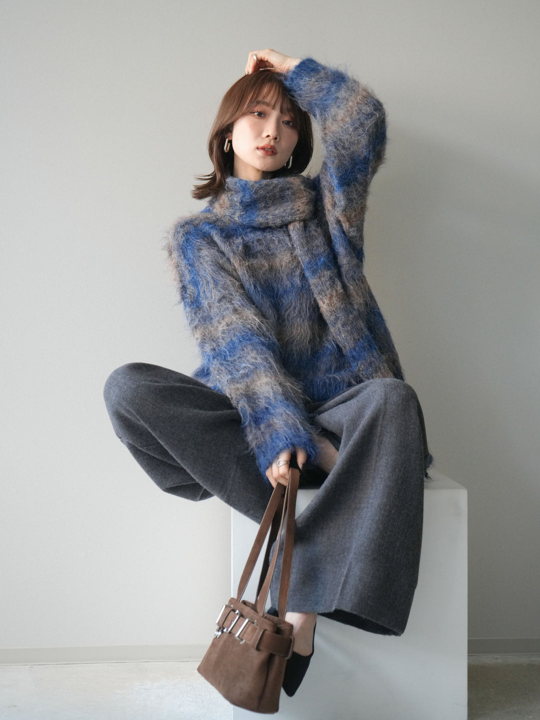 [予約]ストール付シャギーマルチボーダーニットプルオーバー/blue