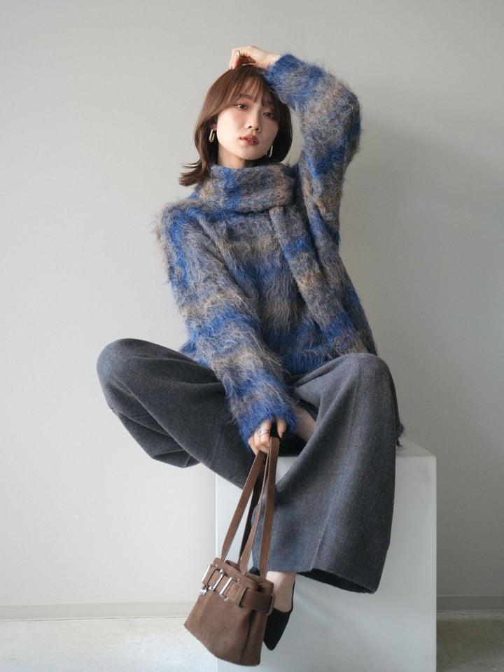 [予約]ストール付シャギーマルチボーダーニットプルオーバー/blue