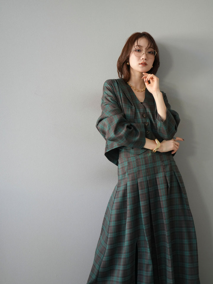 [SET]チェック柄ショートジャケット+チェック柄ベスト+チェック柄タックフレアスカート(3set)