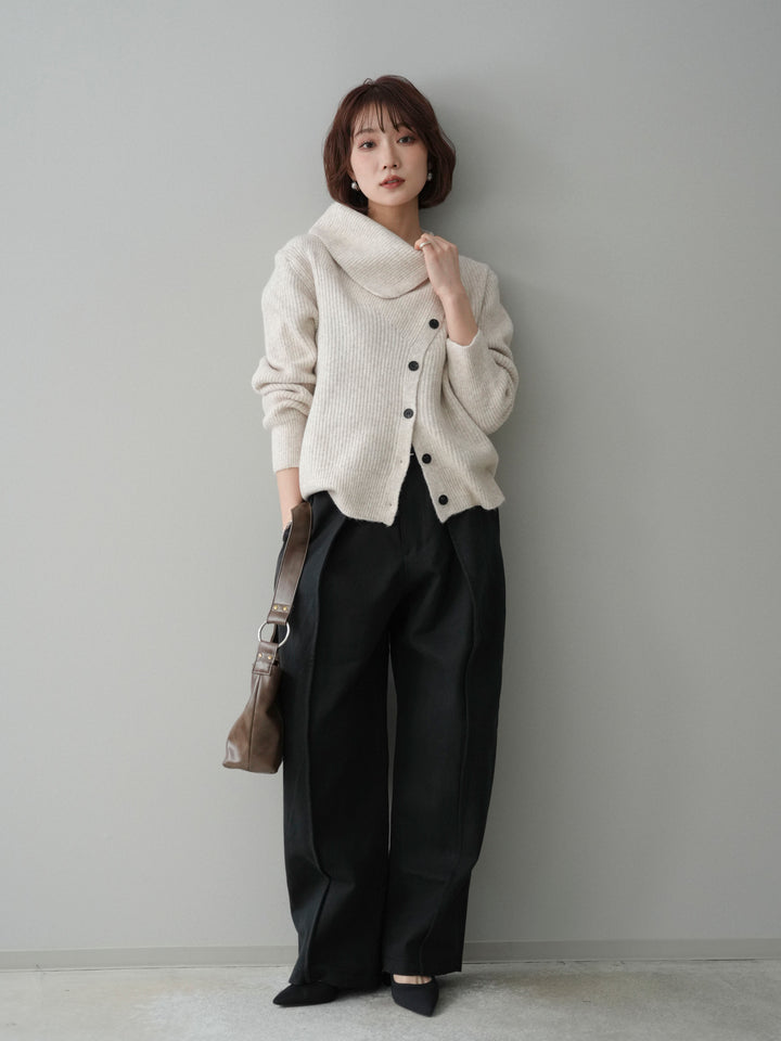 [SET]ハイネックデザインボタンニットカーディガン+コットンツイルカーブパンツ(2set)