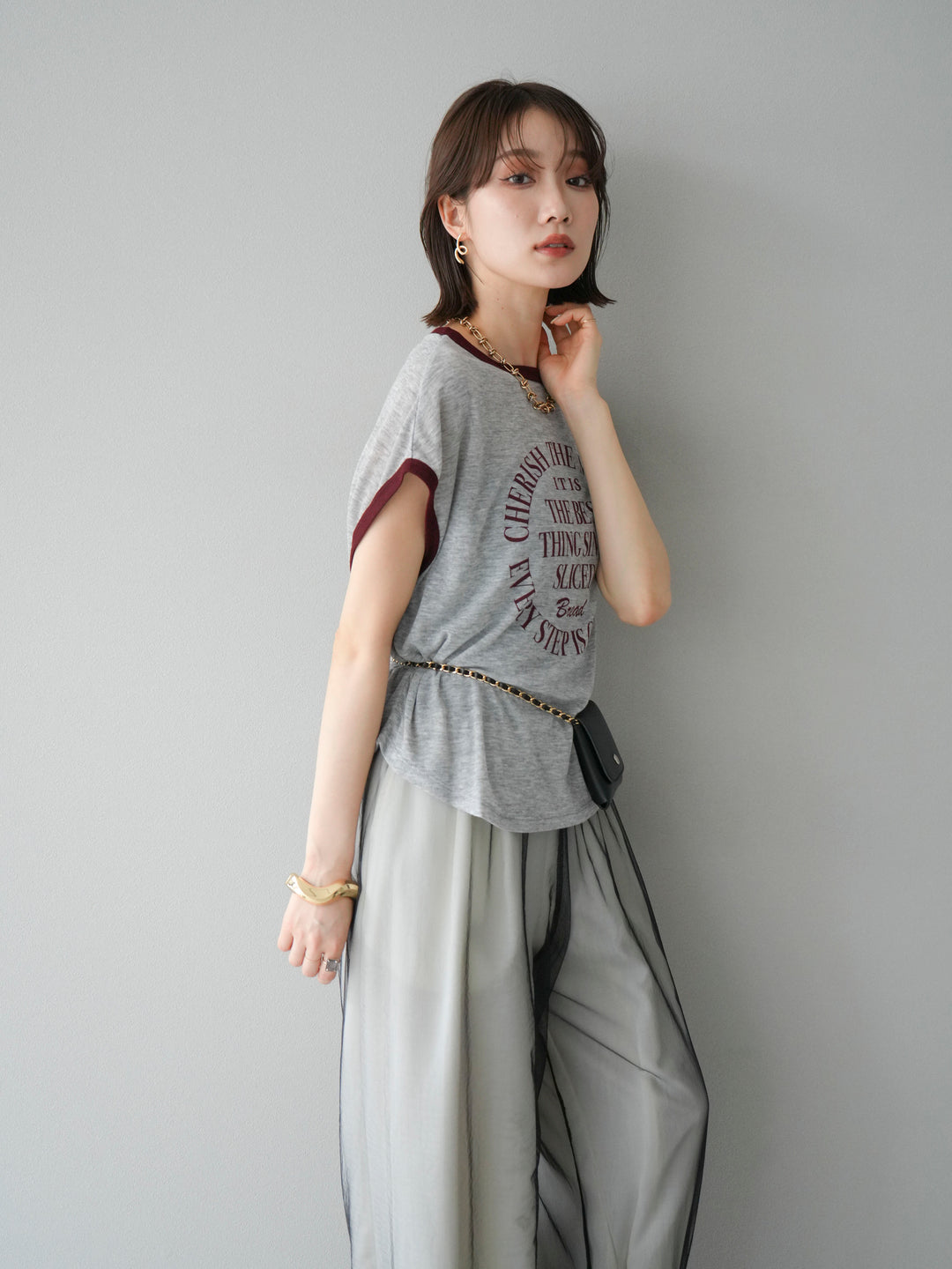 [SET]シアーフライス ロゴプリントT +コード刺繍チュールレイヤードパンツ(2set)