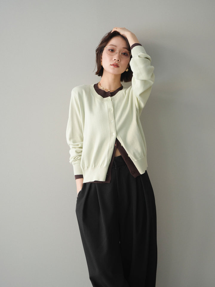 [予約]配色レイヤードコットンアクリルニットカーディガン/mint