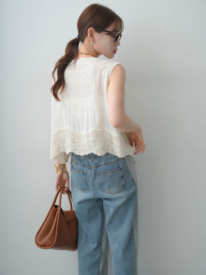 [SET]アンティークレースノースリトップス+デニム切替スウェットパンツ(2set)