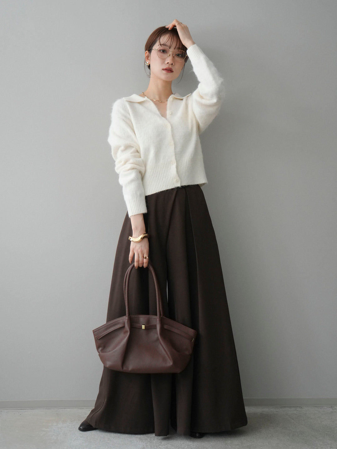 [SET]モヘア衿付きボタンプルオーバー+テープベルトタックバギーパンツ(2set)