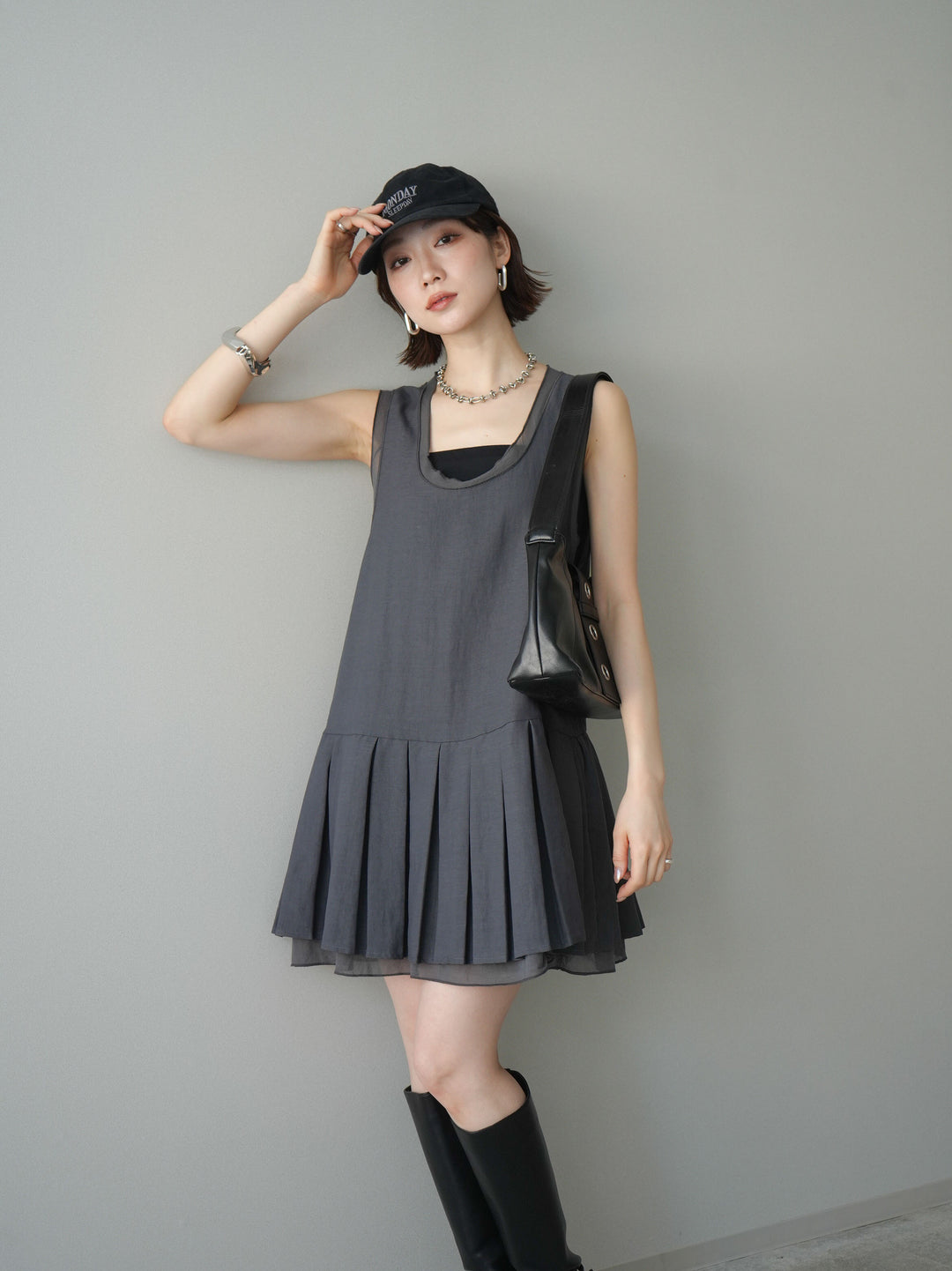 [予約]チュールドッキング裾プリーツミニワンピース/charcoal