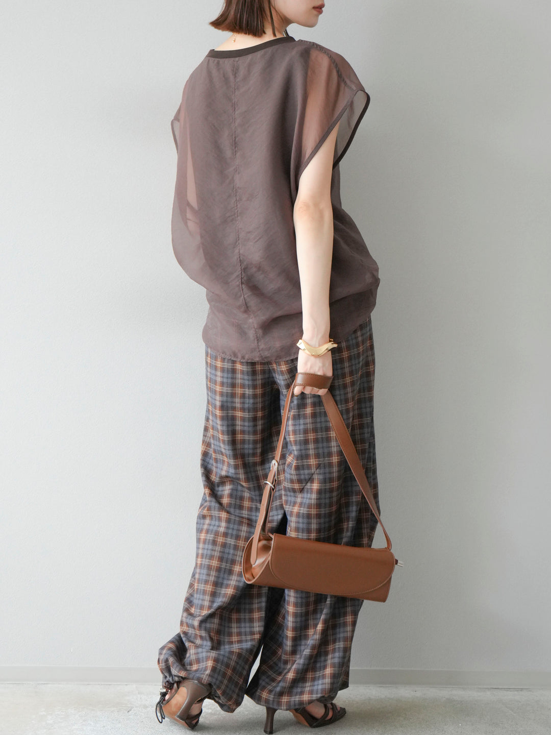 [予約]チェック柄ウエスト巻きドロストパンツ/ブラウン