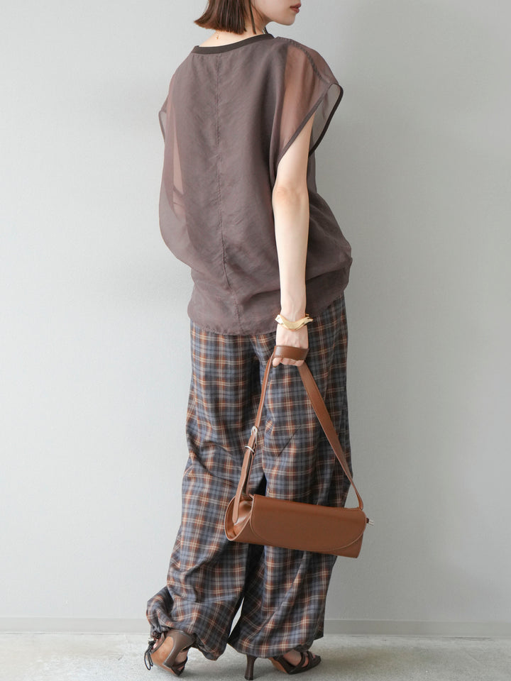 [予約]チェック柄ウエスト巻きドロストパンツ/ブラウン