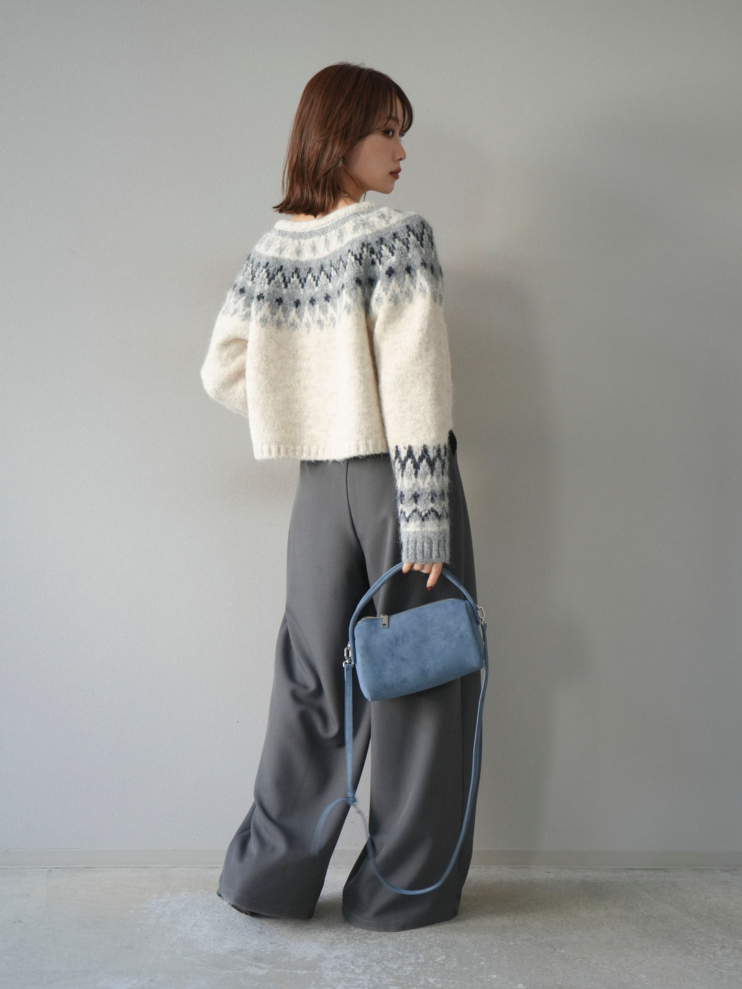 【着回しセット】[SET]求心柄クロップドニットカーディガン+異素材ミックスヤーンニットプルオーバー+ベルトループデザインワイドパンツ(3set)