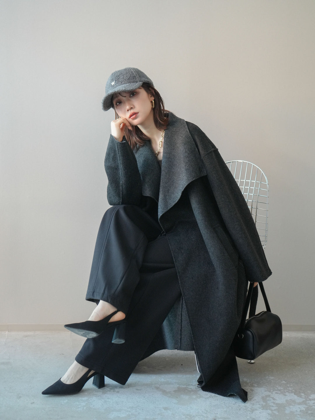 [予約]ダブルフェイスバイカラーロングコート/charcoal