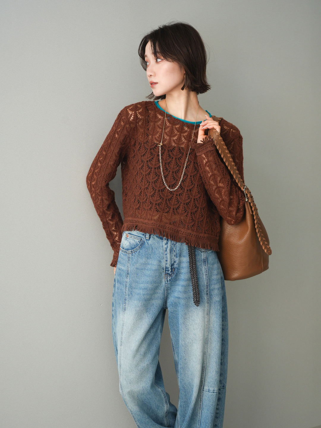 [予約]扇透かし編みクロップドニットプルオーバー/brown