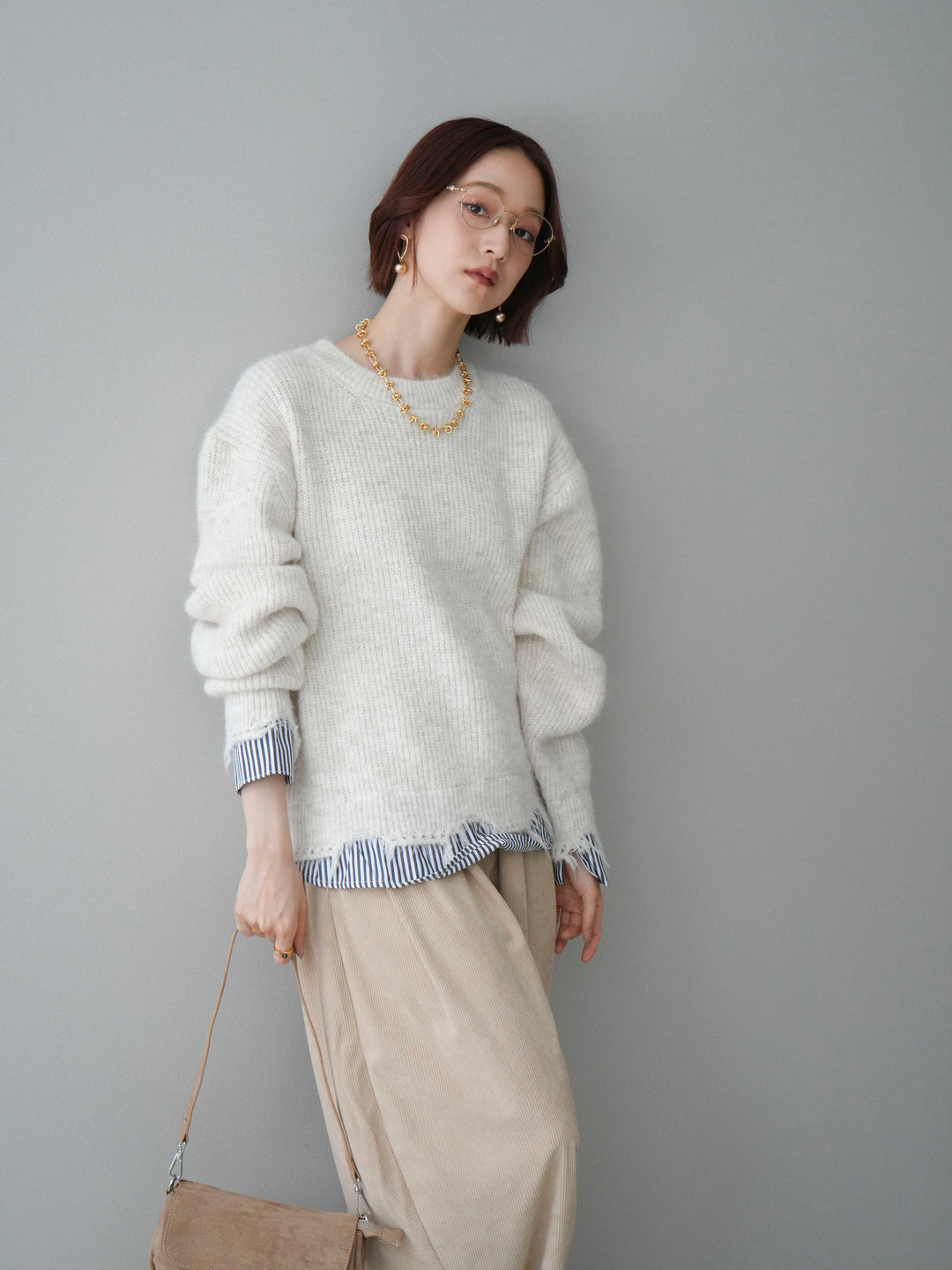 [SET]裾シャツレイヤードダメージニットプルオーバー+コーデュロイサイドタックコクーンパンツ(2set)